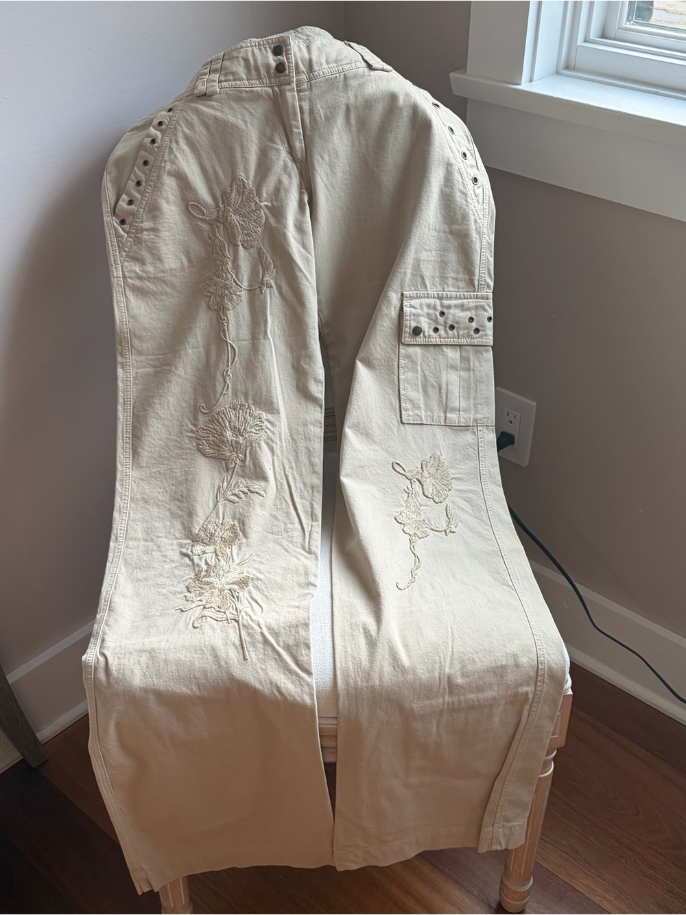 ONE ITALY beige wide leg embroidered cargo pants